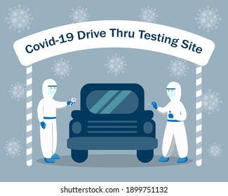 Medical Technicians Working At Covid-19 Drive Thru Testing Site Cartoon Vector. Corona Virus Drive Thru Testing Service