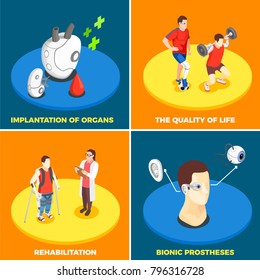 Medical technology 2x2 design concept with implantation of organs bionic prosthesis life quality and rehabilitation isometric square icons vector illustration  