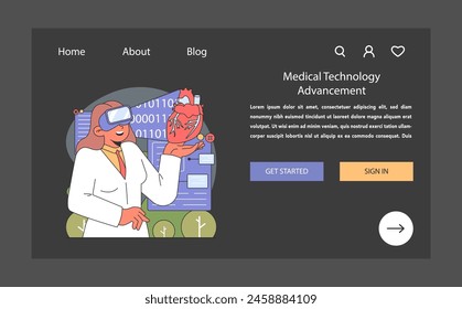 Medical Technology Advancement concept. Innovator in virtual reality exploring the intricacies of cardiac health, pushing the boundaries of medical research. Flat vector illustration.