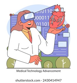 Tecnología Médica Avanzada. Innovador en realidad virtual que explora las complejidades de la salud cardíaca, empujando los límites de la investigación médica. Ilustración vectorial plana.