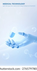 Medical technology advances hand holds capsule. Soft blue tones convey calm innovation. Robot hand symbolizes precision care. Science meets humanity in futuristic touch. Ideal for health, research