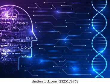 Medical technology and artificial intelligence in a captivating image. Witness the DNA structure connected to an AI brain through a circuit board, with a mesmerizing numerical code backdrop