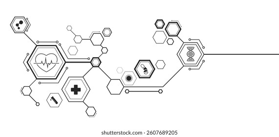 Medical technology background. Black connected hexagons with health care icons on white backdrop. Digital health insurance concept and access to welfare. Vector illustration. EPS 10