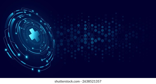 Medical technology background with digital interface elements. Futuristic glowing blue HUD circles with cross symbol and pattern of hexagons on a dark blue backdrop. Vector illustration.