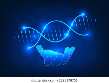 Medical technology background featuring a prominent hand holding DNA, symbolizing the cutting-edge advancements in modern medicine