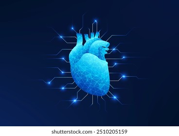 Medical technology background, Heart connected to a technology network with a technology circuit, conveys heart disease treatment using artificial organ technology for transplant treatment