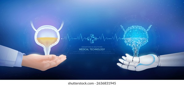 Medical technology. Bladder polygon transparent on robot hand and doctor with heartbeat pulse cross circuit symbol. Innovative in health care futuristic by artificial intelligence (AI). Banner vector.
