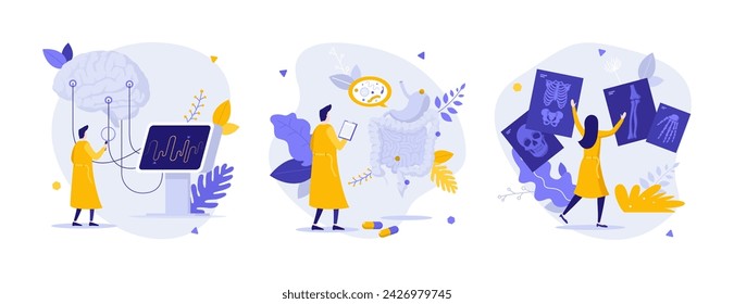 Medical technology of body scanning flat concept vector illustrations set. EEG, digestive system and x ray images cartoon composition. Patient care creative idea for website, mobile, presentation
