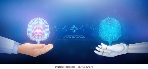 Medical technology. Brain polygon transparent on robot hand and doctor with heartbeat pulse cross circuit symbol. Innovative in health care futuristic by artificial intelligence (AI). Banner vector.