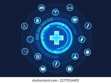 Medical technology circle There is a doctor's symbol in the center and a circle with payment innovations around it. Modern medicine provides patients with faster access to treatment behind the grid.