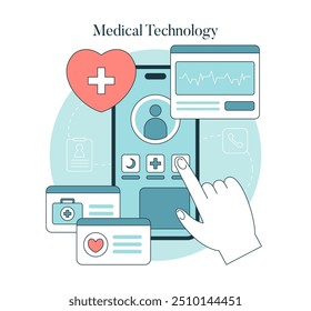 Medical Technology concept. Interactive healthcare interface with heart rate monitor and patient profile. Digital medical records, telemedicine and diagnostic tools. Vector illustration.