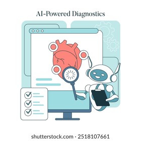 Conceito de tecnologia médica. Um robô que utiliza IA para diagnósticos cardíacos em uma tela de computador, ilustrando o tratamento de saúde moderno. Ilustração vetorial.