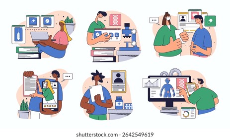 Conceito de tecnologia médica definido para web design. Coleção com pessoas que encomendam em farmácia on-line, consulta médica, terapia do paciente, mais. Ilustração de vetor plano isolada em fundo branco.