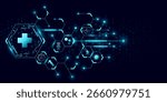 Medical technology diagram featuring interconnected glowing hexagons with healthcare icons. Digital health background for AI in medicine or scientific biotech presentation. Vector illustration.