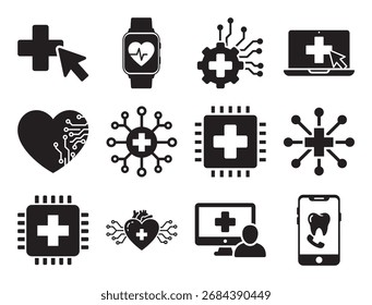 Tecnología médica y salud digital sólido conjunto de iconos para la telemedicina que muestra el teléfono inteligente del reloj y otros símbolos para el seguimiento y la atención remota del paciente