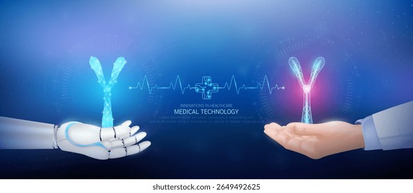 Medical technology. DNA Chromosome x polygon transparent on robot hand and doctor with heartbeat pulse cross circuit symbol. Innovative in health care futuristic by artificial intelligence. Vector.