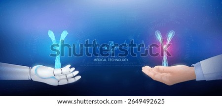 Medical technology. DNA Chromosome x polygon transparent on robot hand and doctor with heartbeat pulse cross circuit symbol. Innovative in health care futuristic by artificial intelligence. Vector.