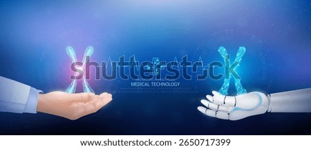 Medical technology. DNA chromosome x polygon transparent on robot hand and doctor with heartbeat pulse cross circuit symbol. Innovative in health care futuristic by artificial intelligence. Vector.