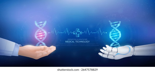 Medical technology. DNA Deoxyribonucleic acid polygon on robot hand and doctor with heartbeat pulse cross circuit symbol. Innovative in health care futuristic by artificial intelligence. Vector.