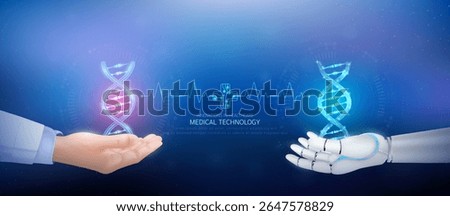 Medical technology. DNA Deoxyribonucleic acid polygon on robot hand and doctor with heartbeat pulse cross circuit symbol. Innovative in health care futuristic by artificial intelligence. Vector.
