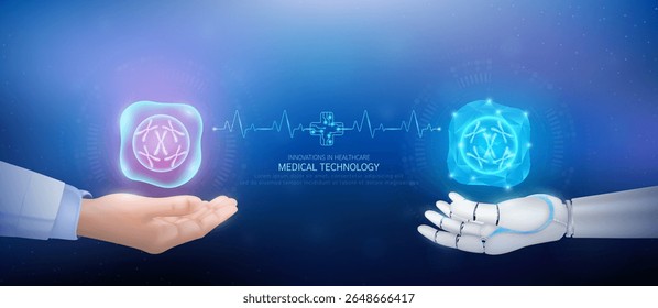 Medical technology. DNA nucleus cell polygon transparent on robot hand and doctor with heartbeat pulse cross circuit symbol. Innovative in health care futuristic by artificial intelligence. Vector.