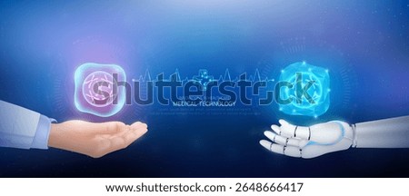 Medical technology. DNA nucleus cell polygon transparent on robot hand and doctor with heartbeat pulse cross circuit symbol. Innovative in health care futuristic by artificial intelligence. Vector.