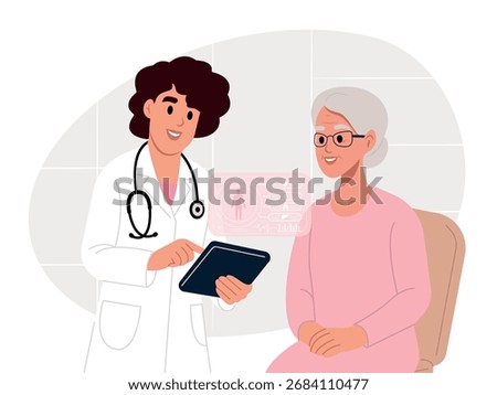 Medical technology. Doctor using digital tablet with electronic health data. Vector illustration in flat style.