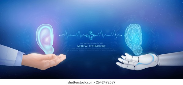 Medical technology. Ear polygon transparent on robot hand and doctor with heartbeat pulse cross circuit symbol. Innovative in health care futuristic by artificial intelligence (AI). Banner vector.