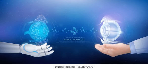 Medical technology. Eyeball polygon transparent on robot hand and doctor with heartbeat pulse cross circuit symbol. Innovative in health care futuristic by artificial intelligence (AI). Banner vector.