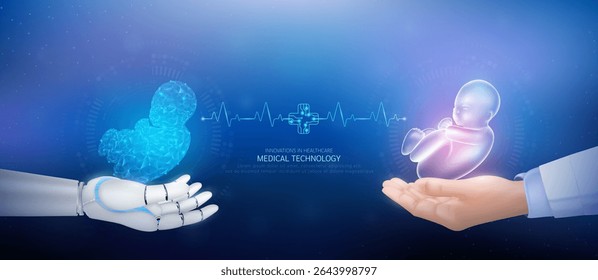 Medical technology. Fetus polygon transparent on robot hand and doctor with heartbeat pulse cross circuit symbol. Innovative in health care futuristic by artificial intelligence (AI). Banner vector.