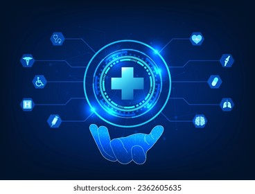 Medical technology Hand holding technology circle connected to medical icons It represents the hands of doctors using technology to help treat patients faster