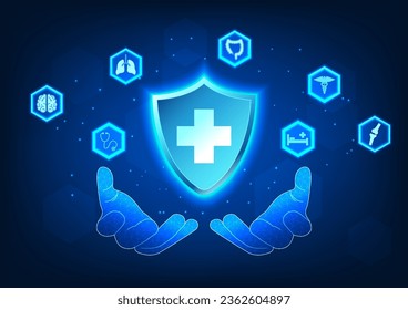 Medical technology A hand is holding a shield with the Medical Neutrality symbol with medical icons on the side. Refers to modern medical technology as a tool to help prevent disease and treat patient