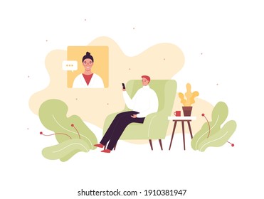 Medical technology and health care video call concept. Vector flat illustration. Male patient call to female doctor and sitting on chair on home background. Videocall insurance consultation.