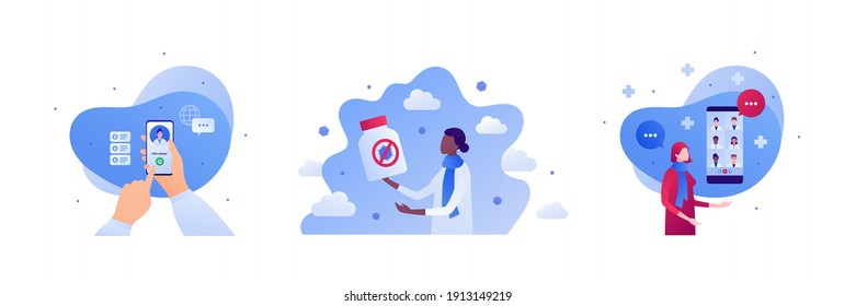 Medical technology and health care video call concept. Vector flat illustration set. African patient holding medication pills. Hand hold smartphone and call doctor. Woman discuss with medical team.