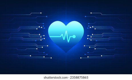 Medical technology The heart is connected to the technology circuit board. Modern technology innovation that measures the patient's heartbeat for diagnosis and treatment.