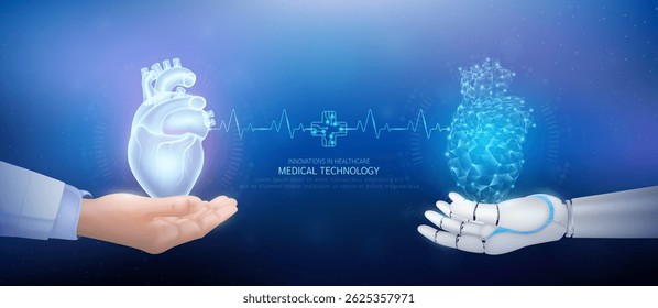 Medical technology. Heart polygon transparent on robot hand and doctor with heartbeat pulse cross circuit symbol. Innovative in health care futuristic by artificial intelligence (AI). Banner vector.
