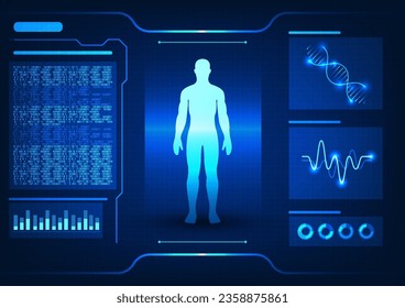 Tecnología médica El cuerpo humano es escaneado con código de número y gráfico de ondas Tecnología médica que escanea el cuerpo humano para diagnosticar enfermedades y tratar a los pacientes.