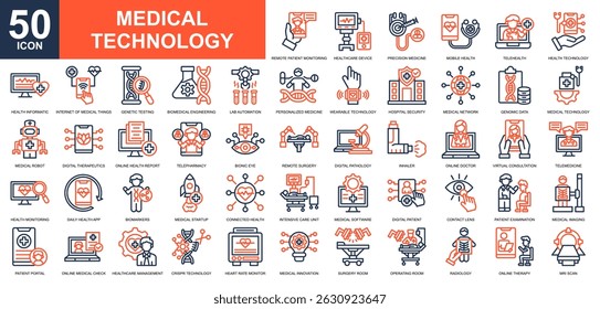 Conjunto de coleta de ícones da Tecnologia Médica. Tecnologia futura, serviço médico, eletrônica, Cirurgia remota, ícone Inovação médica. Vetor de cor de linha simples.