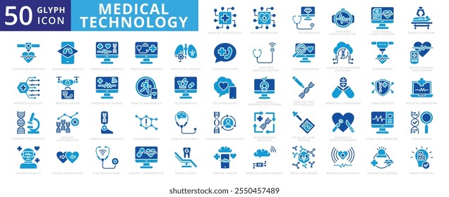 Medical technology icon set with ai in healthcare, telemedicine, wearable monitor, electronic record, robotic surgery, digital, pharmacy, cyber security, internet of things, ar, vr and simulator