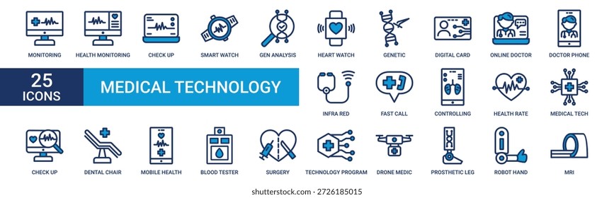 Symbolsatz für Medizintechnik. Mit Überwachung, Gesundheit, Check-up, Smart Watch, Gen, Herz, genetische und mehr. Sammlung blauer Vektorsymbole.
