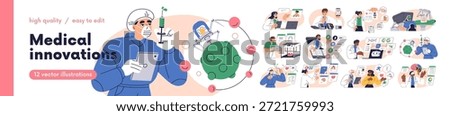 Medical technology, innovations set. Smart AI diagnostics, robot surgery, virtual consultation, personalized healthcare. Medicine future. Flat graphic vector illustration isolated on white background