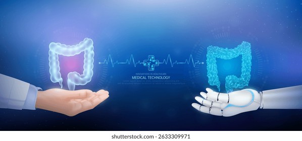 Medical technology. Intestine polygon transparent on robot hand and doctor with heartbeat pulse cross circuit symbol. Innovative in health care futuristic by artificial intelligence (AI). Vector.