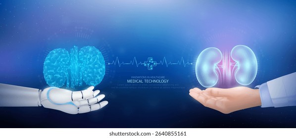 Medical technology. Kidney polygon transparent on robot hand and doctor with heartbeat pulse cross circuit symbol. Innovative in health care futuristic by artificial intelligence (AI). Banner vector.