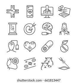 Medical Technology Line Icon Set. Included The Icons As Online Doctor Nano Capsule, Nano Robot, Clone, Digital Brain And More.
