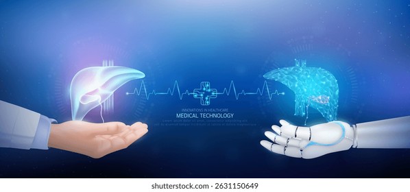 Medical technology. Liver polygon transparent on robot hand and doctor with heartbeat pulse cross circuit symbol. Innovative in health care futuristic by artificial intelligence (AI). Banner vector.