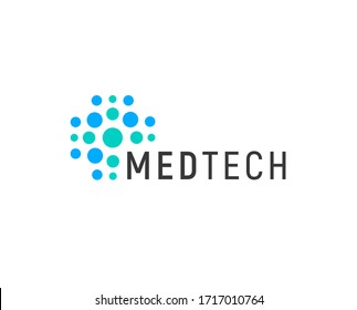 Medical technology logo concept, abstract blue dotted cross, vector illustration