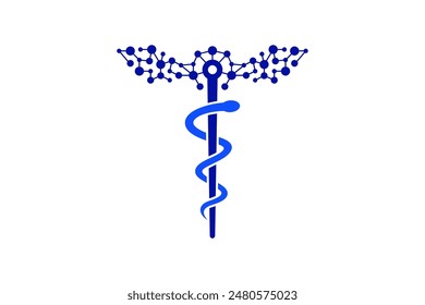 Medical technology logo design, icon, symbol, emblem. Combination of dots, connecting each other represent technology with asclepius rod Greek god of medicine. Suitable for hospital, medicine company.