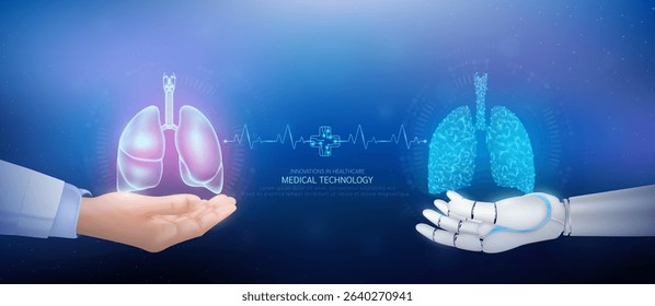 Medical technology. Lung polygon transparent on robot hand and doctor with heartbeat pulse cross circuit symbol. Innovative in health care futuristic by artificial intelligence (AI). Banner vector.