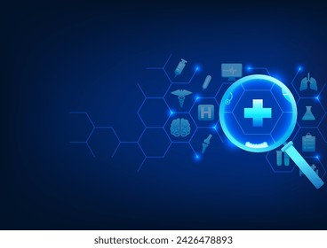 Medical technology Magnifying glass looking at medical icons, showing technology and medical that was jointly developed to help find information on treatment and diagnosis of new diseases with patient