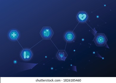 Medical Technology in Network connection. Set of heath icon on blue background with line and connected together. Symbol of doctor with heart, chemical, biology and atom molecule.